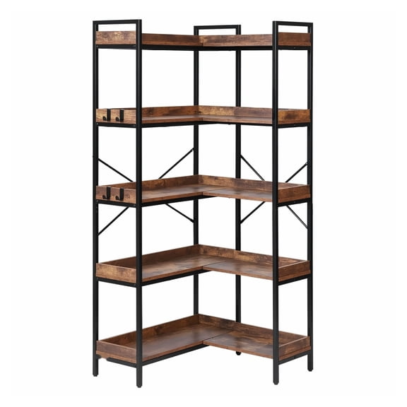 Corner Bookshelf 5 Tier, L-Shaped Bookcase with Hooks, Tall Standing Shelf for Living Room, Bedroom, Home Office, 0.6" Thick MDF, 200lbs Capacity