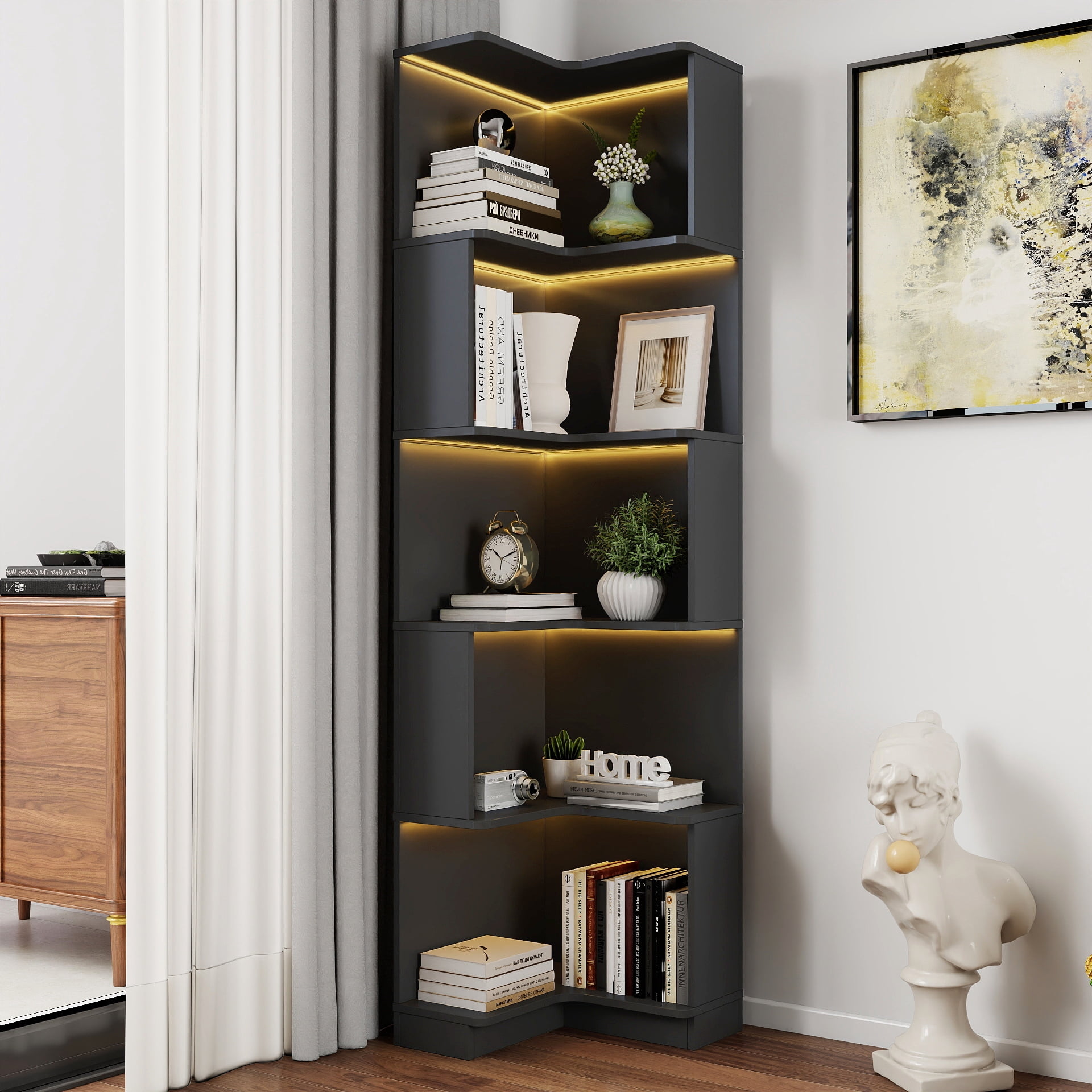 Corner Bookshelf 5-Tier L-Shaped Display Shelf for Home Office Living Room, Black