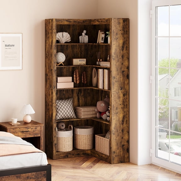 Corner Bookshelf 5-Tier L-Shaped Farmhouse Bookcase, Large White Wood Display Rack with Open Storage Shelves for Home Office Bedroom Living Room