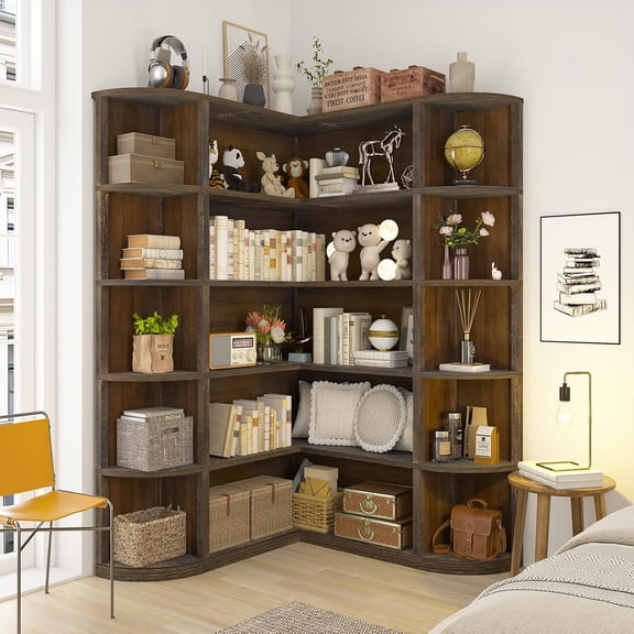 Corner Bookshelf 5-Tier L-Shaped Farmhouse Display Shelf Rustic Brown for Living Room Bedroom Study Office