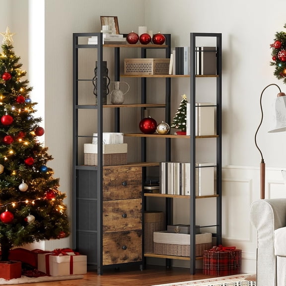 Corner Bookshelf 7 Tier L-Shaped Storage with 3 Drawers Industrial Style for Living Room Home Office Rustic Brown Black