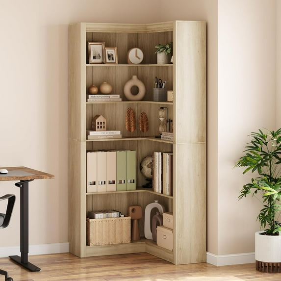 Corner Bookshelf, 71.8 in Farmhouse Corner Bookcase, L Shaped Bookshelf Large Bookcase, 5 Tier Display Shelf Heavy Duty Bookcases, Bookshelves with Storage (Light Wood)