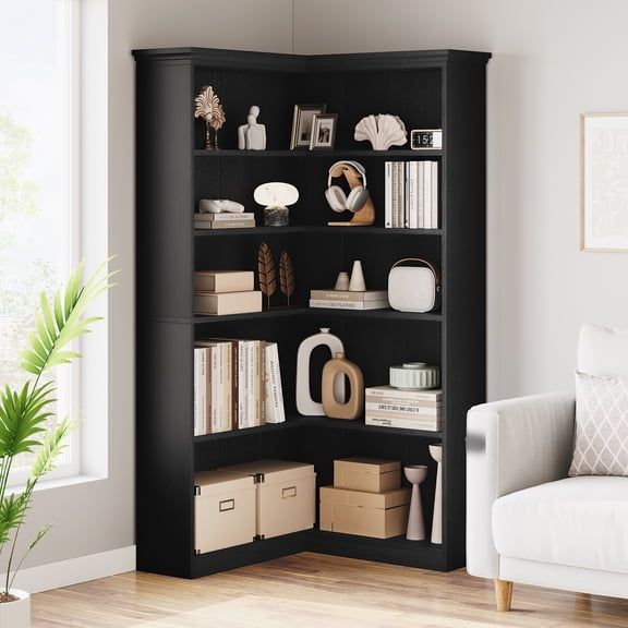 Corner Bookshelf 72.8in Farmhouse Bookcase Large Bookshelf Wood Bookcase Tall 5 Tier Corner Shelf L Shaped Bookshelf Storage Display Rack Living Room Bedroom
