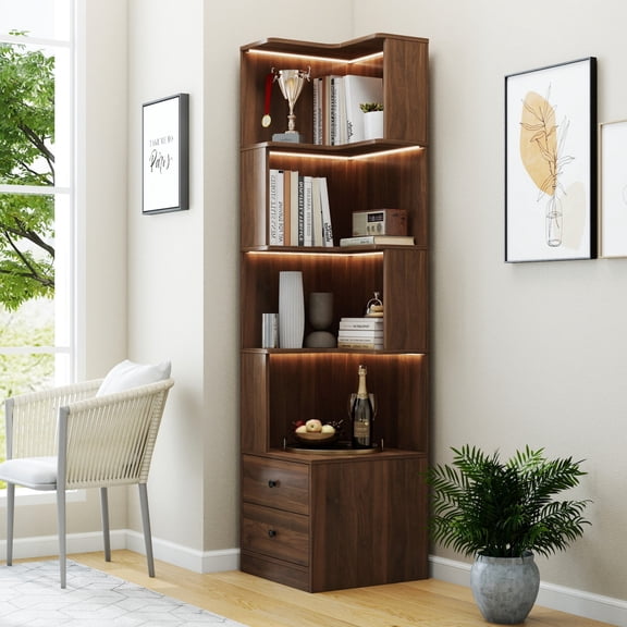 Corner Bookshelf with Drawers, 4 Tier L Shaped Corner Shelf with LED Lights, Small Space Corner Bookcase Storage Organizer for Living Room Bedroom Office, Walnut