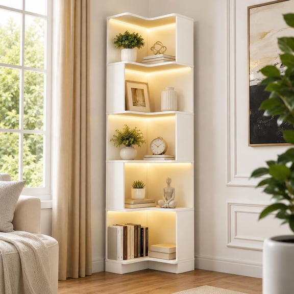 Corner Bookshelf with LED Lights, 4-Tier L-Shaped Display Shelf with Drawers & Safety Guardrails, Freestanding Storage Bookcase for Home Office, Living Room, Bedroom, Kitchen (White)