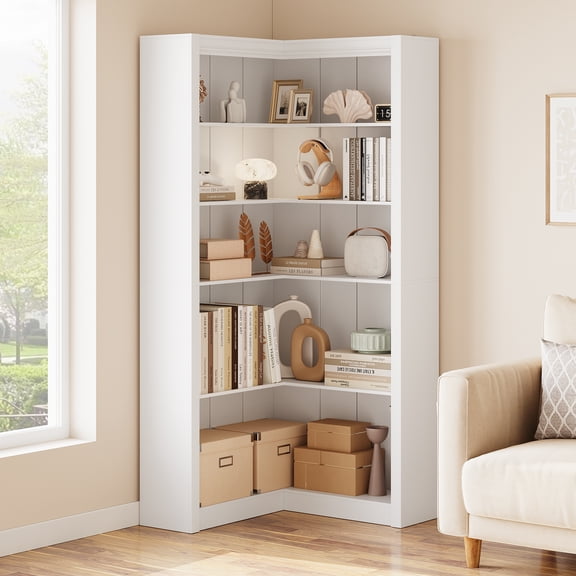 Corner Bookshelf, Large Bookshelves Wood Bookcase Tall 5 Tier Corner Shelf L Shaped Bookshelf Storage Display Rack Living Room Bedroom, 71.8''