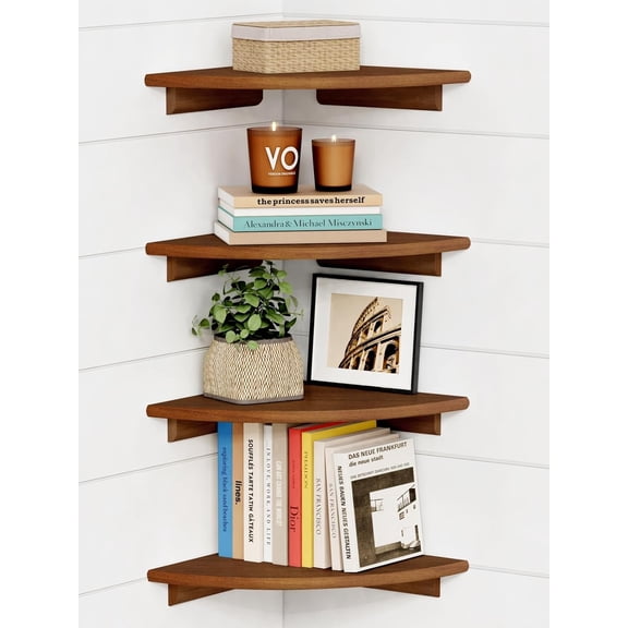 Corner Bookshelf Wall Mounted Set of 4, Wooden Floating Book Shelves for Nursery, Large Wall Shelving Unit for Living Room Bedroom Bathroom Kitchen Office Classroom Corner (Walnut Color)