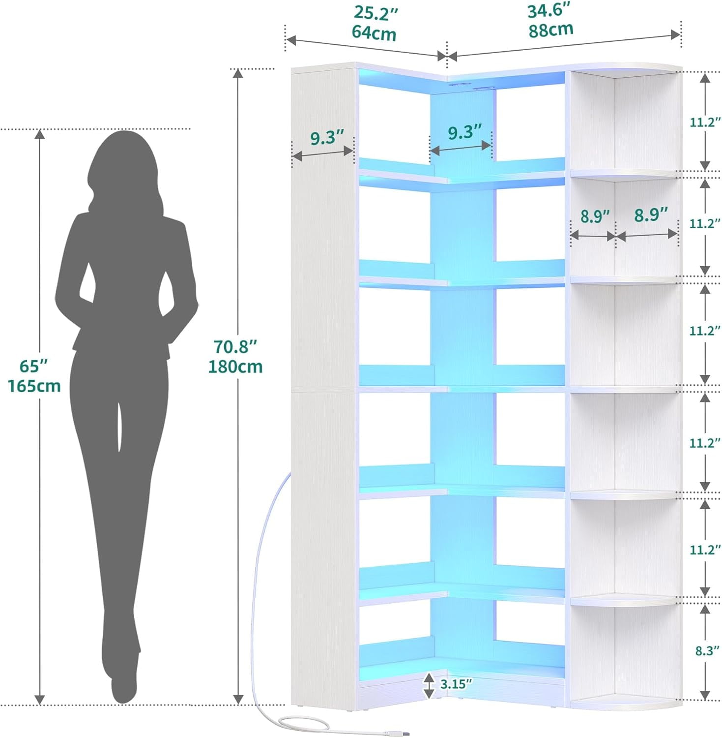 Corner Bookshelf with LED Light, 6 Tier L-Shaped Storage Unit for Home ...
