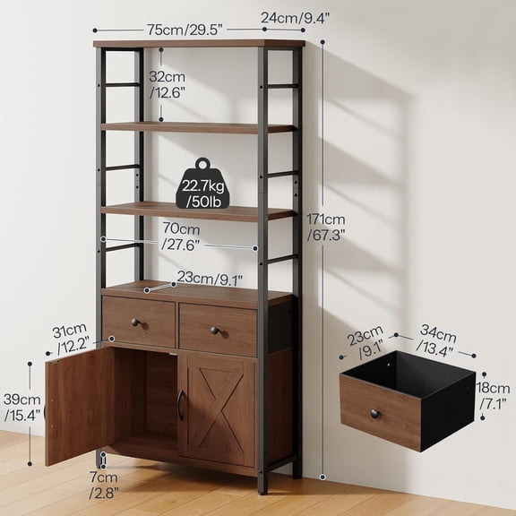 Corner Bookshelf with Storage, Rustic Industrial Display Shelf with and Drawers for Living Room Home Office