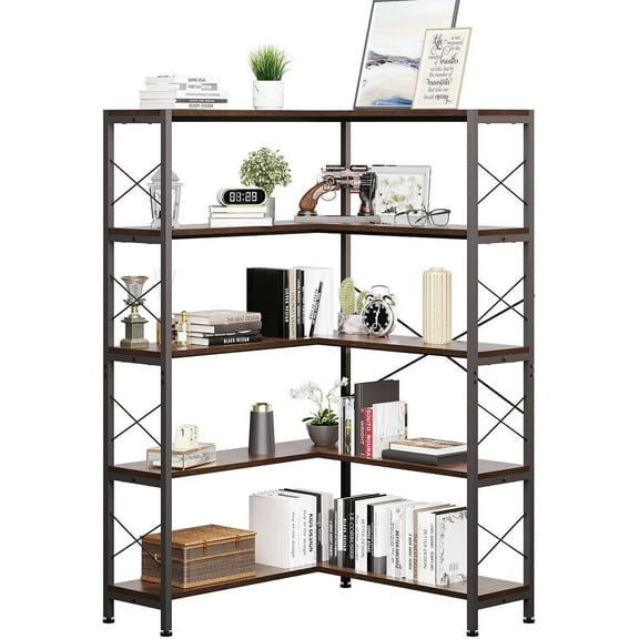 Corner Bookshelves and Bookcases Industrial Corner Etagere Bookcase L Shaped Shelf 5-Tiers with Metal Frame for Living Room Home Office