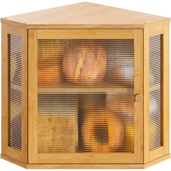 Corner Bread Box, Bamboo Bread Box for Kitchen Countertop, 2 Tier Wooden Bread Storage (Natural, Medium)