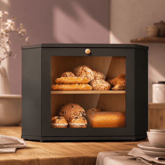 Corner Bread Box Black Two Layer Kitchen Countertop Storage