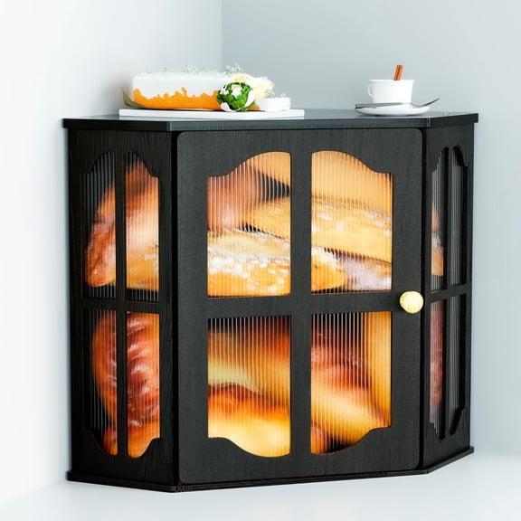 Corner Bread Box - Farmhouse Vintage Style Solid Wood Bread Storage with Wavy Acrylic Door Panel Large Capacity Double Layer Countertop Organizer for Homemade Bread Baguette & Pastries Keeper
