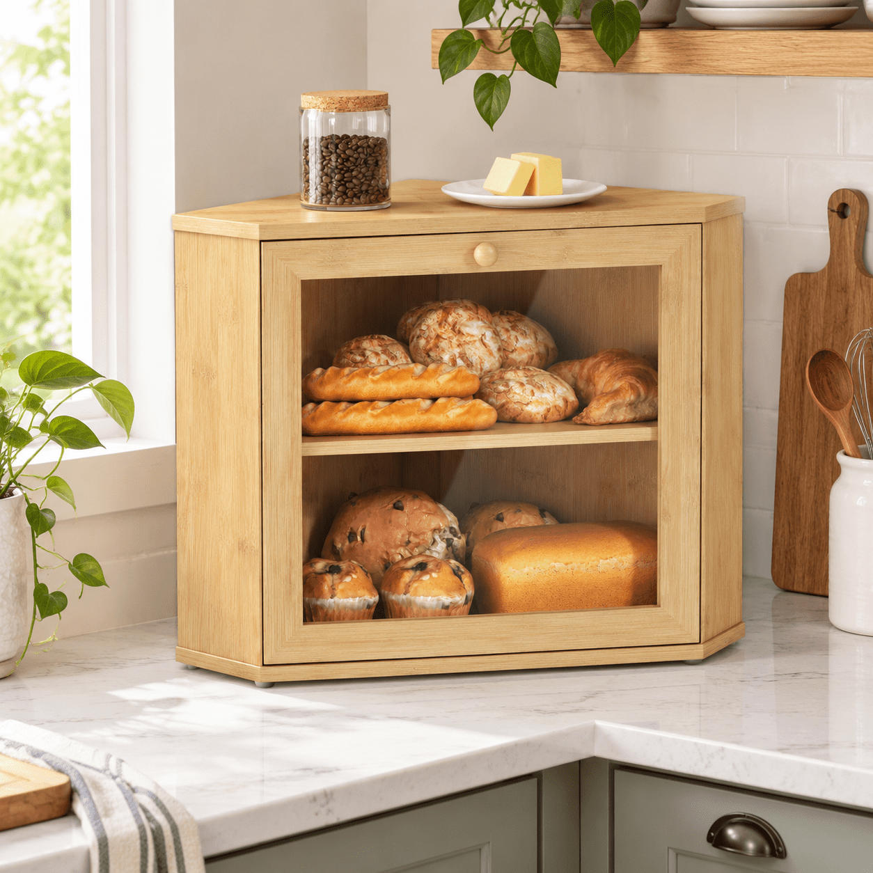 Corner Bread Box For Kitchen Counter 2 Tier Keeper Wooden Round ...