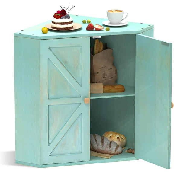 Corner Bread Box for Kitchen Counter Double Layer Bamboo Bread Storage Container Large Capacity Bread Storage Bin Farmhouse Breadbox Organizer (Antique Blue)