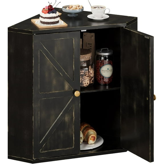 Corner Bread Box for Kitchen Counter Double Layer Bamboo Bread Storage Container Large Capacity Bread Storage Bin Farmhouse Breadbox Organizer (Antique Black)
