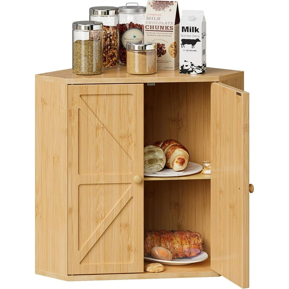 Corner Bread Box for Kitchen Counter Double Layer Bamboo Bread Storage Container Large Capacity Bread Storage Bin Farmhouse Breadbox Organizer (Bamboo Natural)