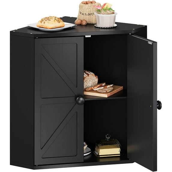 Corner Bread Box for Kitchen Counter Double Layer Bamboo Bread Storage Container Large Capacity Bread Storage Bin Farmhouse Breadbox Organizer (Black)