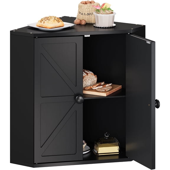 Corner Bread Box for Kitchen Counter Double Layer Bamboo Bread Storage Container Large Capacity Bread Storage Bin Farmhouse Breadbox Organizer (Black)