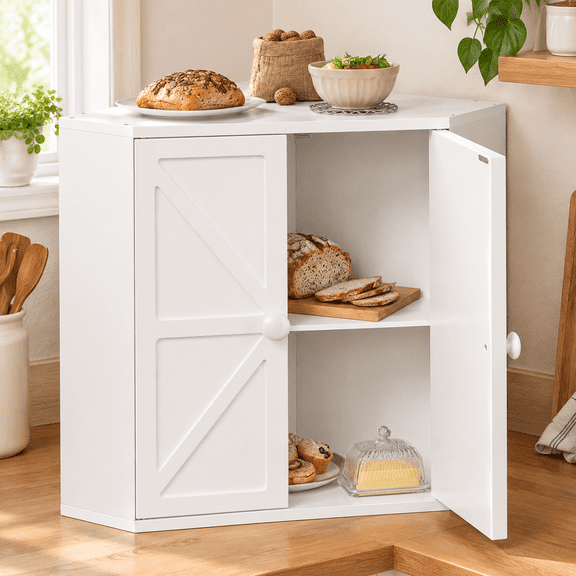 Corner Bread Box for Kitchen Counter Double Layer Bamboo Bread Storage Container Large Capacity Bread Storage Bin Farmhouse Breadbox Organizer (White)