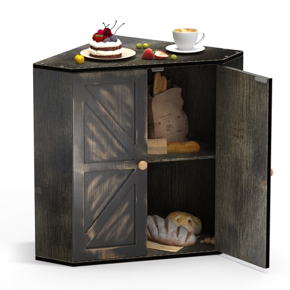 Corner Bread Box for Kitchen Counter, Double Layer Bamboo Bread Storage Container with Magnetic Doors, Farmhouse Bread Bin Organizer for Bread, Rolls & Snacks(Antique Black)
