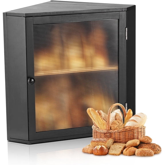 Corner Bread Box for Kitchen Counter, Double Layer Large Capacity Bamboo Bread Storage Container, Farmhouse Wooden Breadbox for Homemade Bread, Storage Holder Bin with Acrylic Wavy Door, Black
