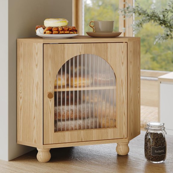 Corner Bread Box for Kitchen Countertop, 16" Large Capacity Bread Storage Bin with Striped Glass Door,2-Layer Box with Removable Shelf, Bread Keeper for Kitchen Corner Organization, Brown