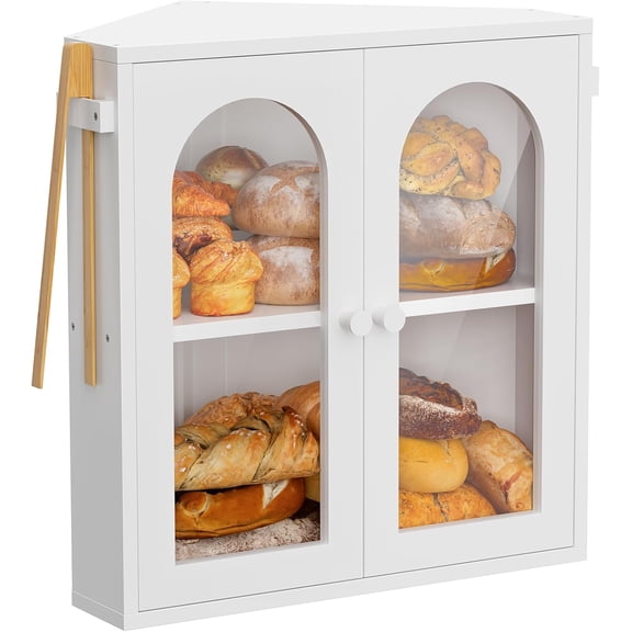 Corner Bread Box for Kitchen Countertop, 2 Tier Bamboo Bread Storage Container for Homemade Bread with Clear Acrylic Door Panel, Bread Bin Farmhouse Breadbox Organizer (White, Extra Large)