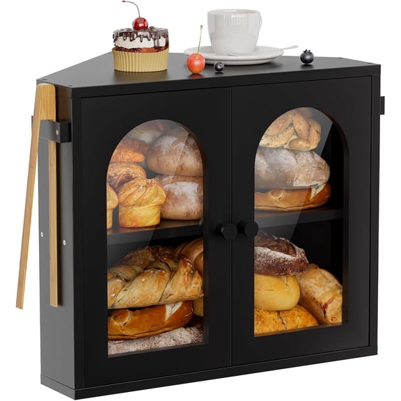 Corner Bread Box for Kitchen Countertop, 2 Tier Bamboo Bread Storage Container for Homemade Bread with Clear Acrylic Door Panel, Large Bread Bin Farmhouse Breadbox Organizer (Black, Medium)