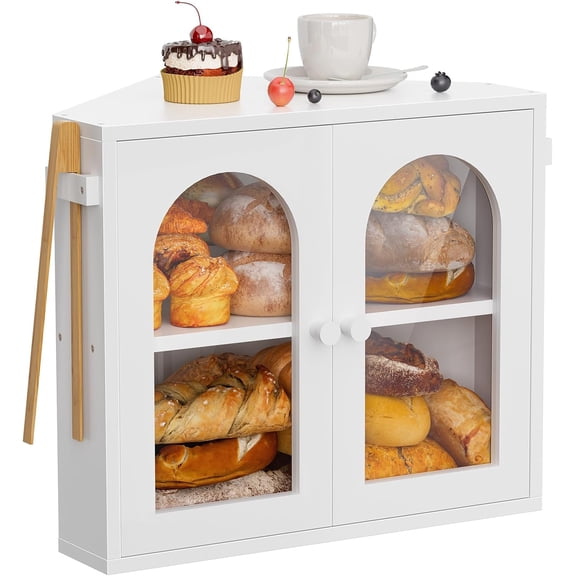 Corner Bread Box for Kitchen Countertop, 2 Tier Bamboo Bread Storage Container for Homemade Bread with Clear Acrylic Door Panel, Large Bread Bin Farmhouse Breadbox Organizer (White, Medium)
