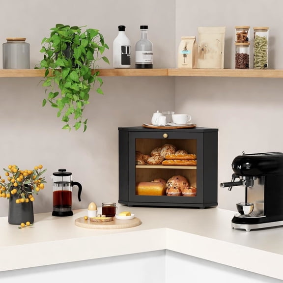 Corner Bread Box for Kitchen Countertop, Black Bread Storage Container for Homemade Bread, Two Layer Breadbox under Cabinet Mount, Large Bread Holder for Kitchen Counter, Pantry Shelf
