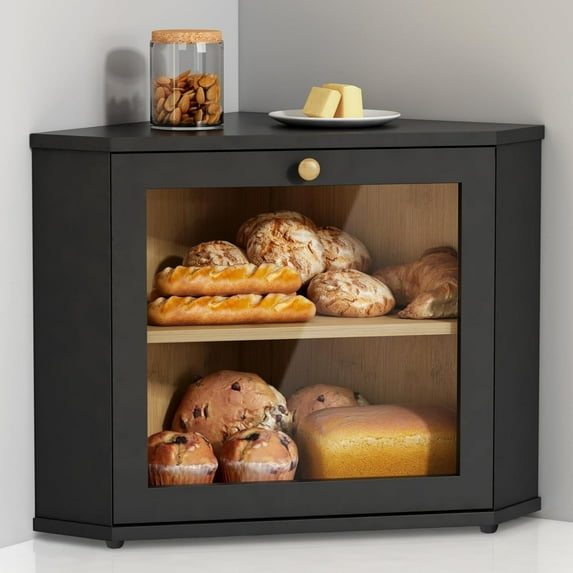 Corner Bread Box for Kitchen Countertop, Black Bread Storage Container for Homemade Bread, Two Layer Breadbox under Cabinet Mount, Large Bread Holder for Kitchen Counter, Pantry Shelf