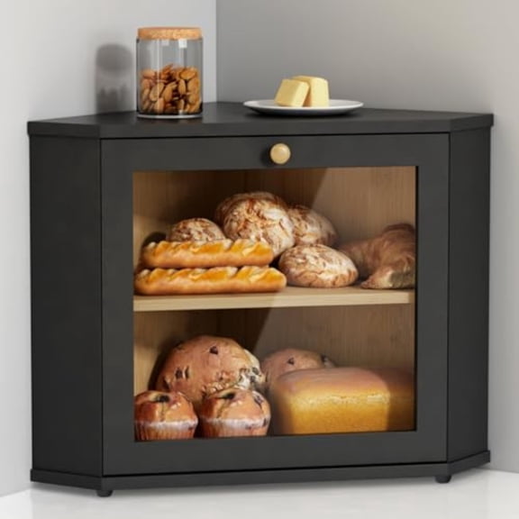 Corner Bread Box for Kitchen Countertop Black Bread Storage Container for Homemade Bread Two Layer Breadbox under Cabinet Mount Large Bread Holder for Kitchen Counter Pantry Shelf