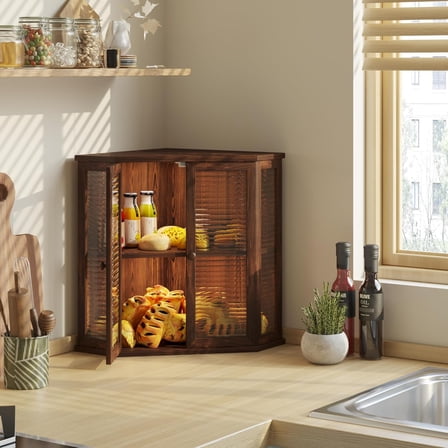 Corner Bread Box for Kitchen Countertop - Corner Bread Storage Box 16.51" H, Premium Pine Wood with Glass Door