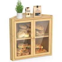 Corner Bread Box for Kitchen Countertop, Double Layer Bamboo Bread Storage Container with 2 Doors, Farmhouse Large Bread Bin, Wooden Breadbox Holder for Homemade Bread, Natural