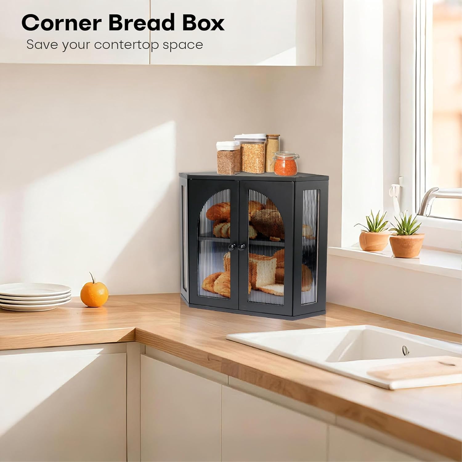 Corner Bread Box for Kitchen Countertop, Double Layer Bamboo Bread ...
