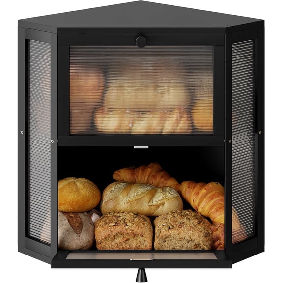 Corner Bread Box for Kitchen Countertop, Double Layer Bamboo Bread Storage Container, Large Farmhouse Bread box with Acrylic Wavy Door Panel, Under Cabinet Organizer (Black, Extra Large)