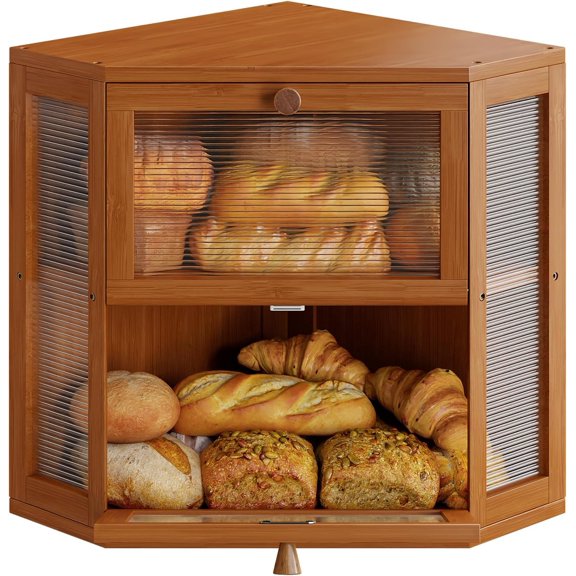 Corner Bread Box for Kitchen Countertop, Double Layer Bamboo Bread Storage Container, Large Farmhouse Bread box with Acrylic Wavy Door Panel, Under Cabinet Organizer (Caramel, Medium)