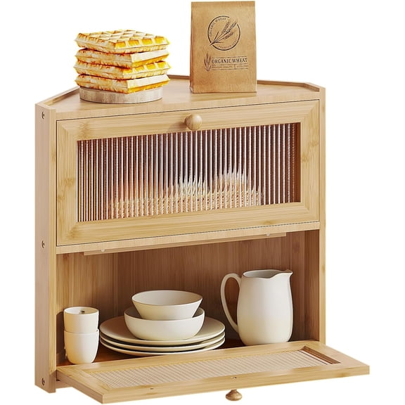 Corner Bread Box for Kitchen Countertop, Double Layer Bamboo Bread Storage Container with Wavy Windows, Farmhouse Large Bread Bin, Wooden Breadbox Holder for Homemade Bread, Natural