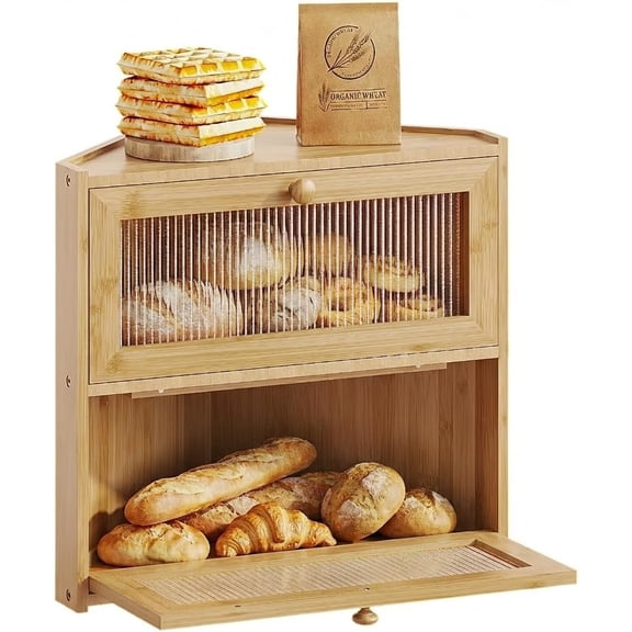 Corner Bread Box for Kitchen Countertop, Double Layer Bamboo Bread Storage Container with Wavy Windows, Farmhouse Large Bread Bin, Wooden Breadbox Holder for Homemade Bread (Natural)