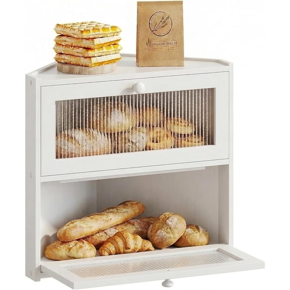 Corner Bread Box for Kitchen Countertop, Double Layer Bamboo Bread Storage Container with Wavy Windows, Farmhouse Large Bread Bin, Wooden Breadbox Holder for Homemade Bread (White)