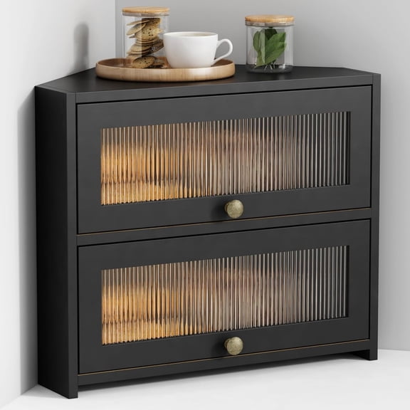 Corner Bread Box for Kitchen Countertop, Double Layer Large Breadbox for Counter Top, 2 Tier Wooden Farmhouse Homemade Bread Storage Container Holder Keeper for Cabinet (Black Bamboo Wood)