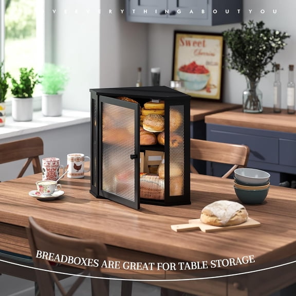 Corner Bread Box Kitchen Countertop Extra Large Capacity Farmhouse Bread Box, Corner Countertop Storage, Double Layer Bread Holder (Black, Extra Large)