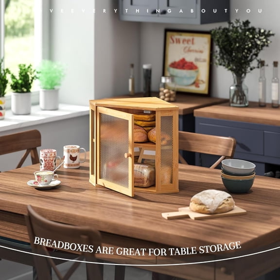 Corner Bread Box Kitchen Countertop Extra Large Capacity Farmhouse Bread Box, Corner Countertop Storage, Double Layer Bread Holder (Natural, Large)