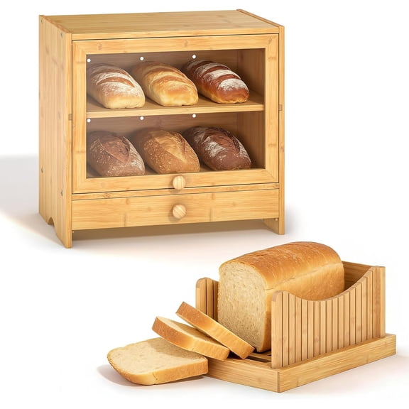 Corner Bread Box for Kitchen Countertop, Large Bamboo Breadbox with Slicer for Homemade Bread, 2 Layer Bread Storage Container Bin Cabinet with Acrylic Window for Kitchen Counter Pantry Shelf