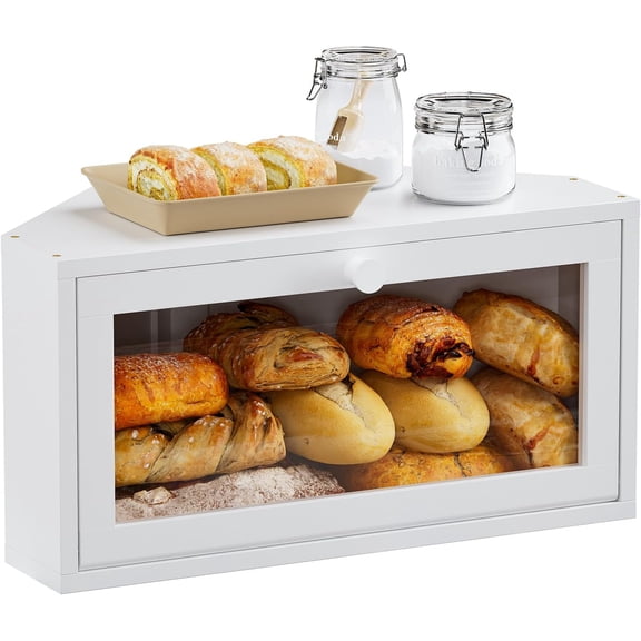 Corner Bread Box for Kitchen Countertop, Large Bamboo Storage Container Homemade Bread, Farmhouse Holder with Window, Multi-functional Container, White