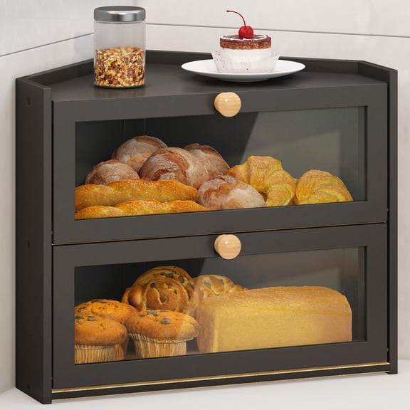 Corner Bread Box for Kitchen Countertop, Large Bamboo Wooden Breadbox with Transparent Window, High-Capacity Right-Angle Farmhouse Food Container Storage Holder