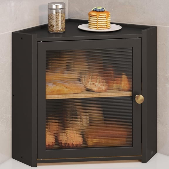 Corner Bread Box for Kitchen Countertop, Large Bread Container Storage Vintage Wooden Farmhouse Bread Box with Window for Homemade Bread Holder (Black)