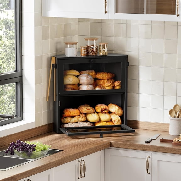 Corner Bread Box for Kitchen Countertop, Large Double Layer Bread Storage Container for Homemade Bread, Black Bread Holder for Kitchen Counter, Under Cabinet Organizer (Black, Extra Large)