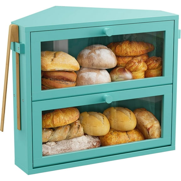 Corner Bread Box for Kitchen Countertop, Large Double Layer Bread Storage Container for Homemade Bread, Black Bread Holder for Kitchen Counter, Under Cabinet Organizer (Blue, Medium)